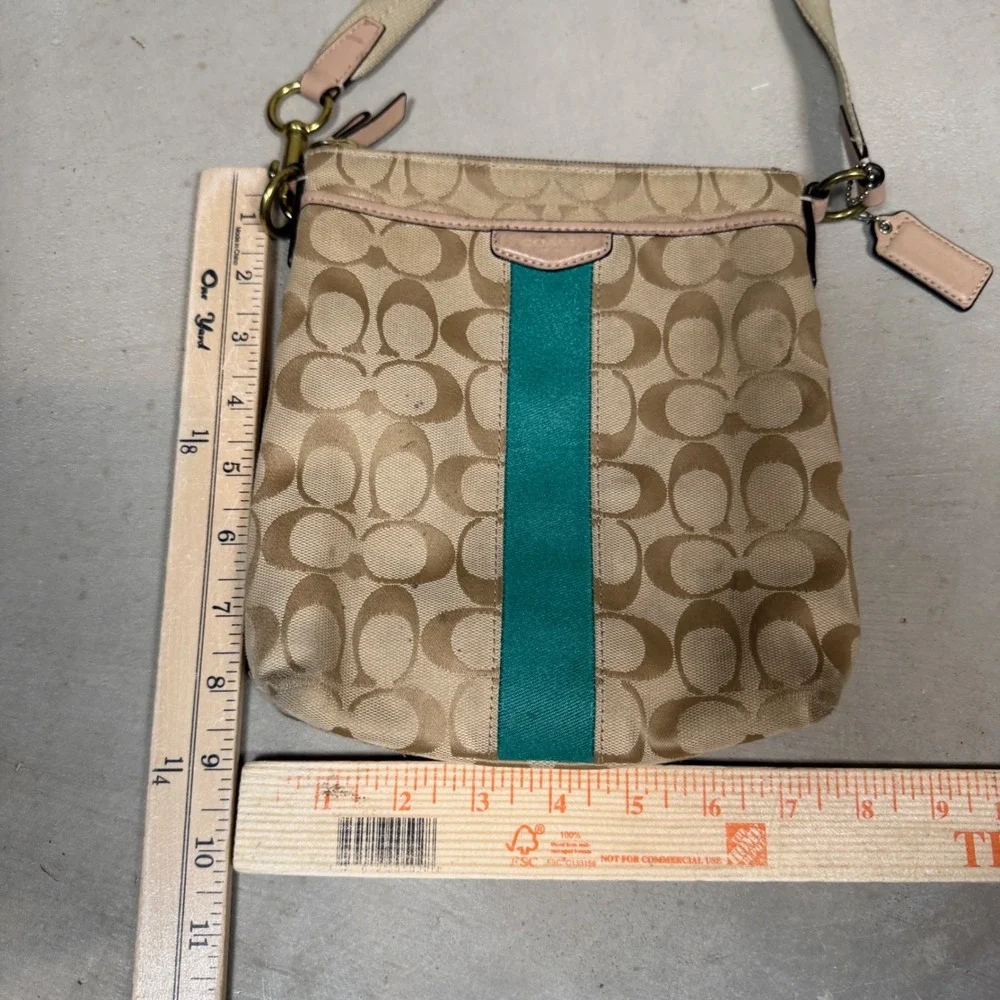 Coach Signature File Bag Khaki Teal Stripe Jacquard Crossbody Handbag